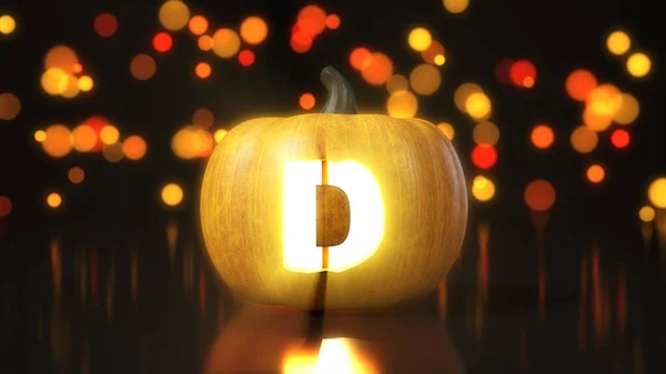 Letra Tallada Calabaza Halloween Ilustración Con Efecto Bokeh Sobre Fondo —  Fotos de Stock