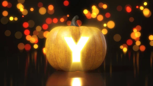 Letra Tallada Calabaza Halloween Ilustración Con Efecto Bokeh Sobre Fondo —  Fotos de Stock