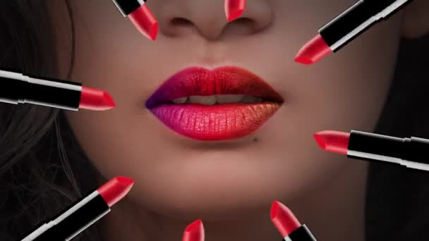 Lipstick Rotating Motion Art Lips Changing Colors Make Trends Loop — Stock Video