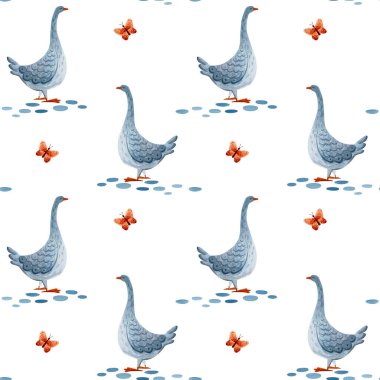 Tatlı suluboya deseni. Çiftlik kuşlarıyla illüstrasyon.