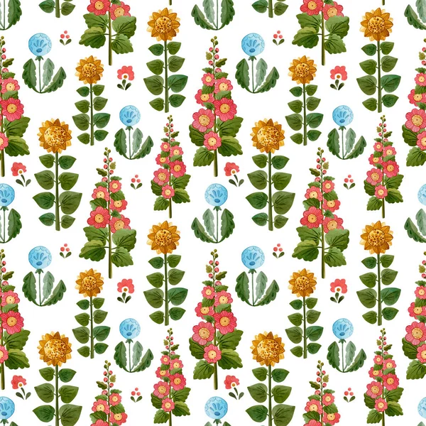 Cute watercolour pattern with farms flowers. Pattern on white background.