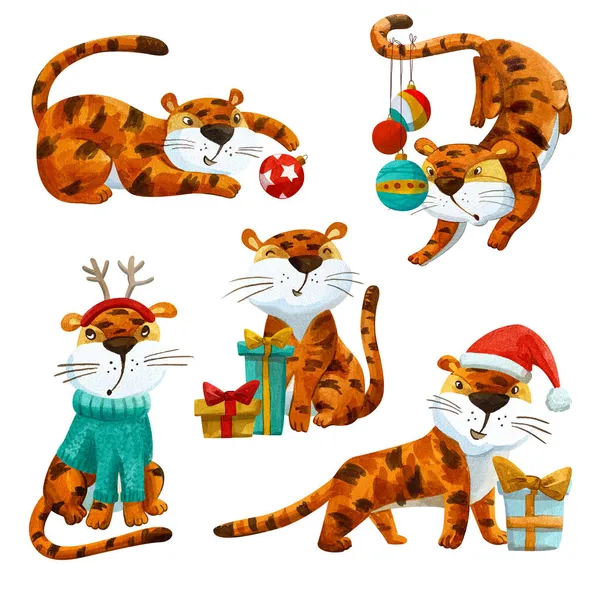 Акварельний набір з кумедними новорічними тиграми . — стокове фото