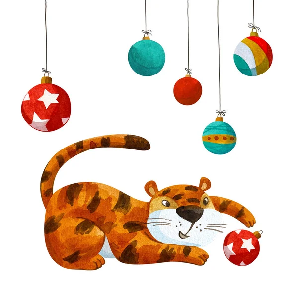 Grappige tijger die met kerstballen speelt. Het symbool Nieuwjaar. — Stockfoto