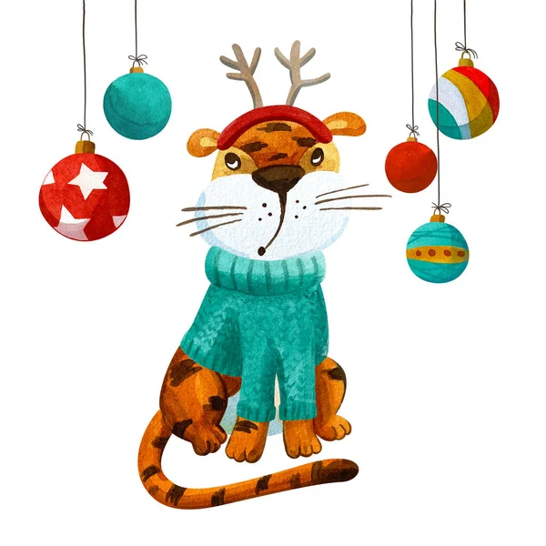 Funny tiger in christmas costume looks at decorations