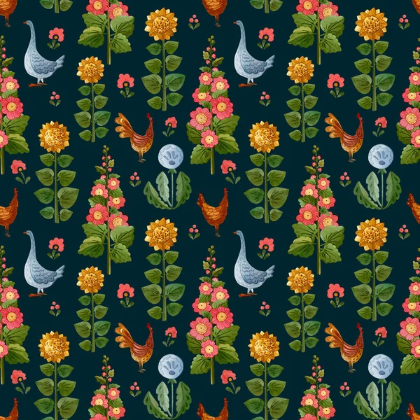 Χαριτωμένο μοτίβο υδατογραφίας. Εικονογράφηση με εκτρεφόμενα πτηνά και λουλούδια. — Φωτογραφία Αρχείου