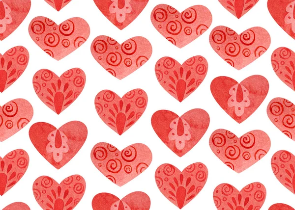 Nahtloses Muster mit roten Herzen. Zeichnen im Folklore-Stil. — Stockfoto