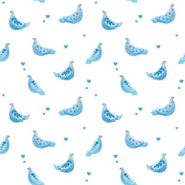 Suluboya güvercinleri ve kalpleri olan desen. Folklor tarzında resim çizimi.