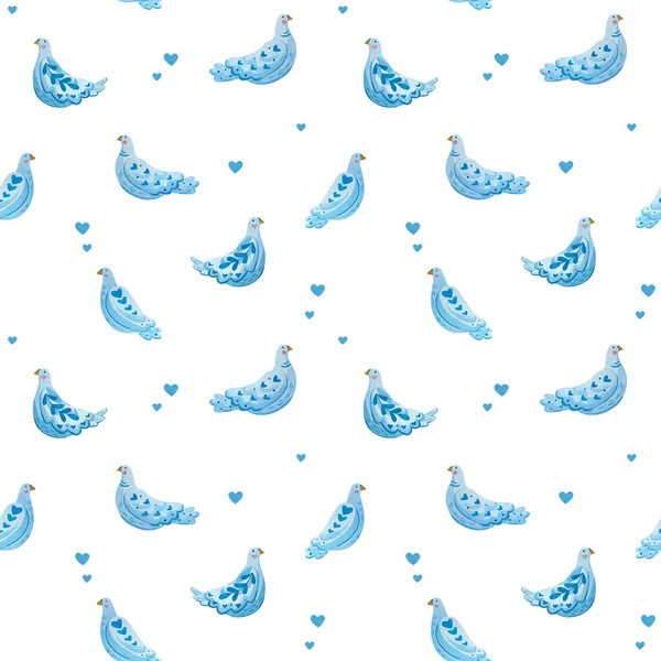Suluboya güvercinleri ve kalpleri olan desen. Folklor tarzında resim çizimi.