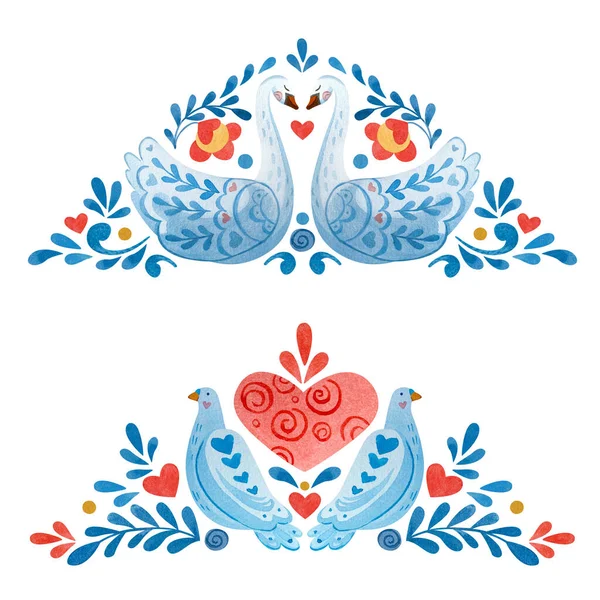 Sevgililer Günü temasında güvercinler, kuğular, çiçekler ve kalplerle simetrik bir kompozisyon oluşturun. — Stok fotoğraf