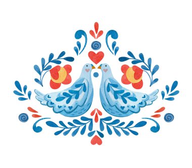 Sevgililer gününde güvercinler, çiçekler ve kalplerle simetrik kompozisyon.