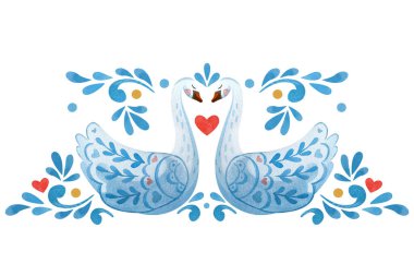 Sevgililer Günü temasında kuğular, çiçekler ve kalplerle simetrik kompozisyon.