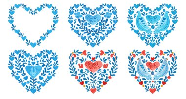 Kompozisyonlar kuşlardan, çiçeklerden ve folklor tarzındaki diğer elementlerden toplanır..