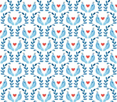 Suluboya kusursuz desen. Sevgililer günü için simetrik dallar çerçeveli güvercinler.