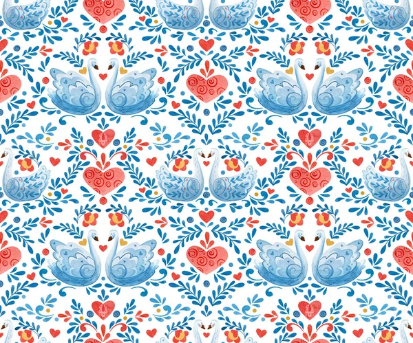 Watercolor pattern with folklore swans and flowers. — Stock Photo, Image