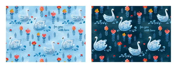 Set of watercolor cards for valentines day with swans and flowers. — 스톡 사진