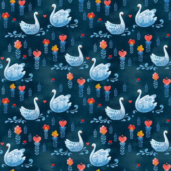 Watercolor pattern with folklore swans and flowers on dark background. — Stock Photo, Image