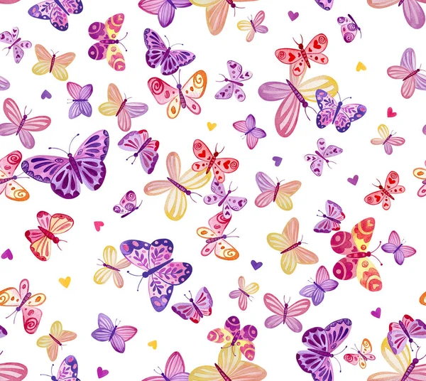 Watercolor pattern of stylized butterflies on a white background. — Stock Photo, Image