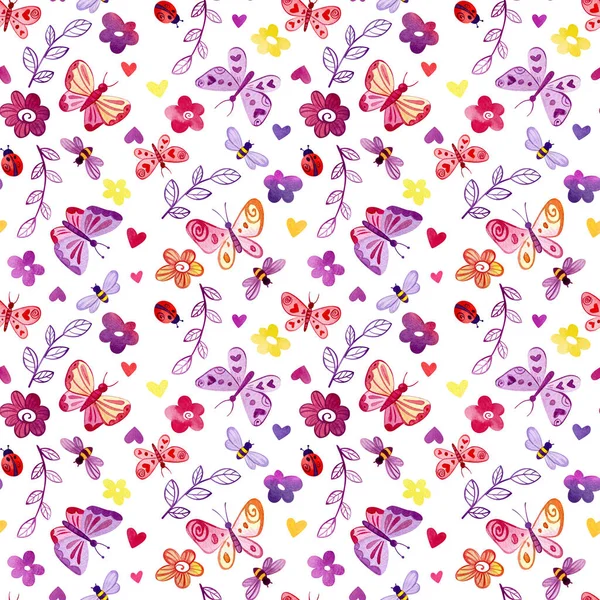 A pillangók, virágok, gallyak, méhek és katicabogarak akvarell mintázata fehér alapon. — Stock Fotó