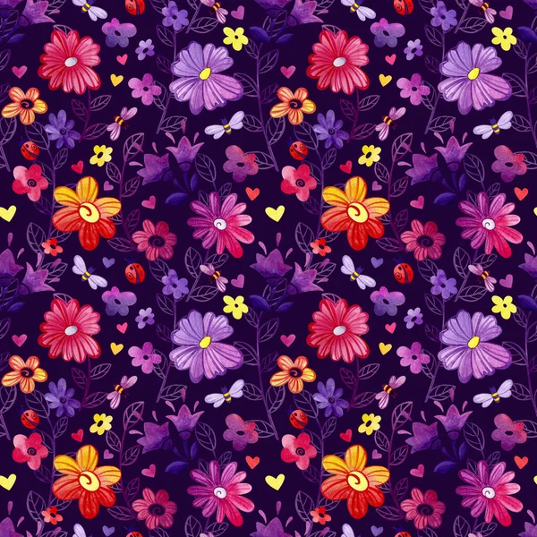 Seamless pattern of flowers, twigs, bees and ladybugs. — Stock Photo, Image