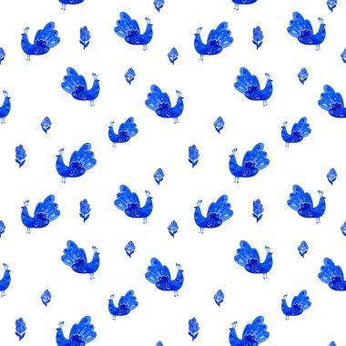 Folk kuşlarının ve çiçeklerin kusursuz suluboya desenleri. İllüstrasyon saf bir şekilde ultradeniz renginde gerçekleştirilir..