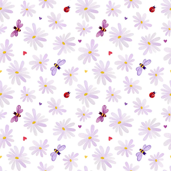 Seamless pattern of shoulders, daisies and ladybugs. — Stock Photo, Image