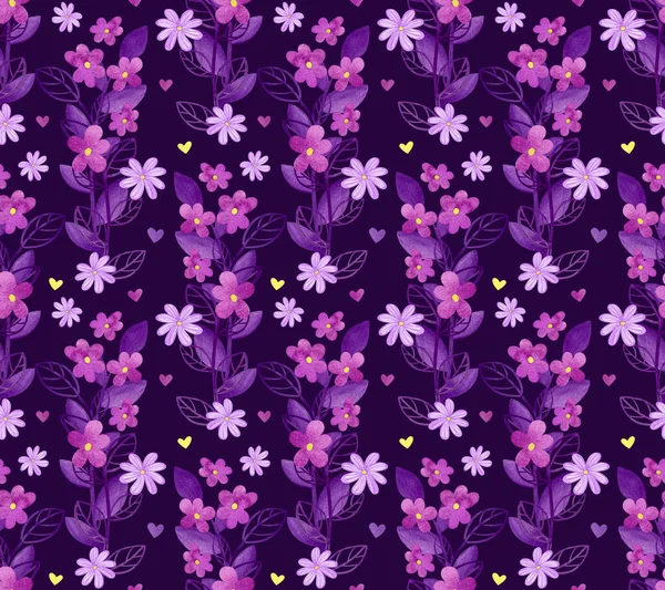 Watercolor seamless pattern of lilac flowers on a dark background. — Stock Photo, Image