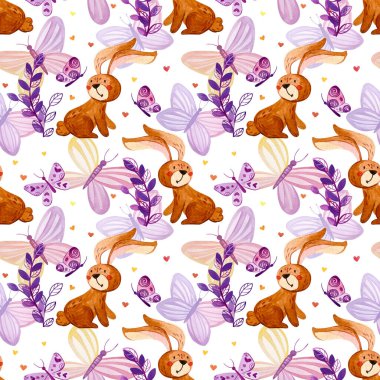 Sevimli tavşan, kelebekler ve dallarla kusursuz bir desen..