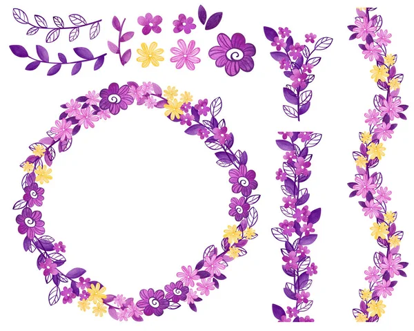 Lot de fleurs violettes, couronne, bordure et bouquet. Photo De Stock