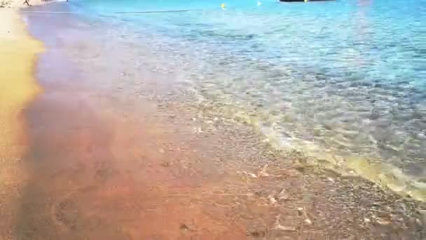 Красивый песчаный пляж с волнами в море — стоковое видео