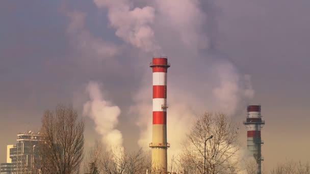 Fabrikschornstein, aus dem Rauch austritt — Stockvideo