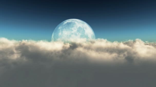 Абстрактна муха над хмарами і повний місяць — стокове відео