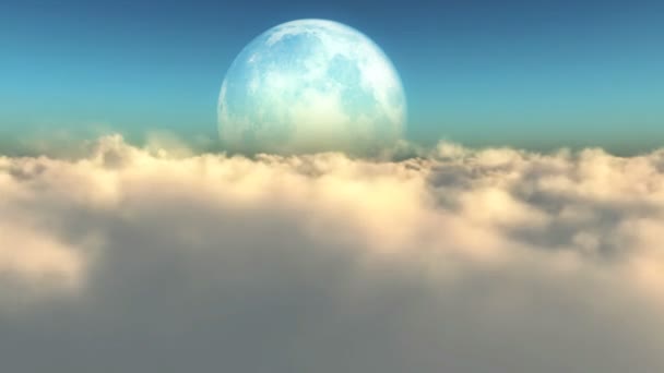 Абстрактна муха над хмарами і повний місяць — стокове відео