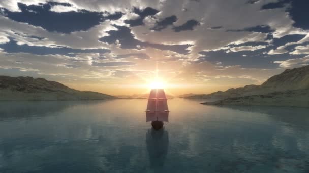 Ηλιοβασίλεμα στη θάλασσα παλιό πλοίο — Αρχείο Βίντεο