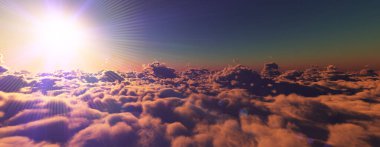 Bulutların üzerinde günbatımı güneş ışığı illüstrasyonu, 3 boyutlu görüntüleme