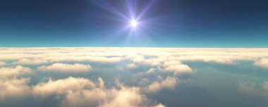 Bulutların üzerinde uç günbatımı manzarası. 3d resimleme