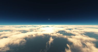 Bulutların üzerinde uç günbatımı manzarası. 3d resimleme