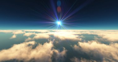 Bulutların üzerinde uç günbatımı manzarası. 3d resimleme