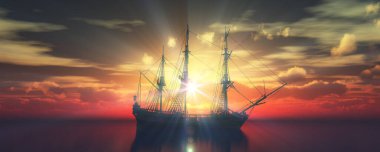 Eski gemi günbatımında deniz 3D resimleme