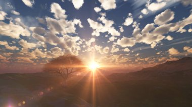 Çayırda gün batımı ve yalnız ağaç, üç boyutlu resimleme