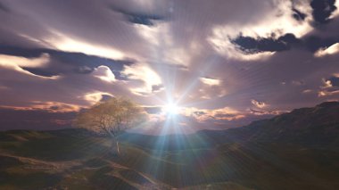 Çayırda gün batımı ve yalnız ağaç, üç boyutlu resimleme