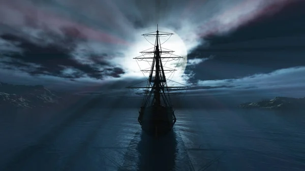 Old Ship Night Full Moon Render Illustration — Stock Photo, Image