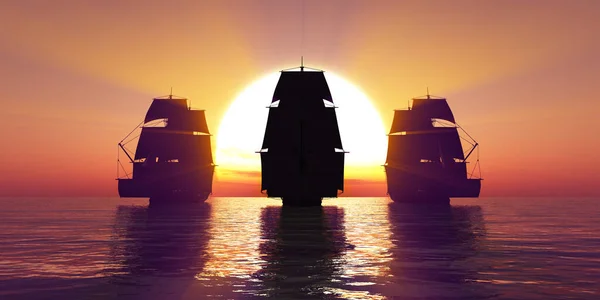 三艘旧船在海上落日 3D图解 — 图库照片