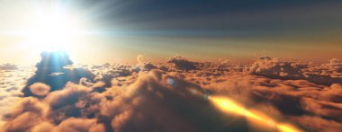 Bulutların üzerinde günbatımı güneş ışığı illüstrasyonu, 3 boyutlu görüntüleme