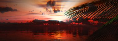 Gün batımı deniz palmiyesi çizimi, 3D görüntüleme