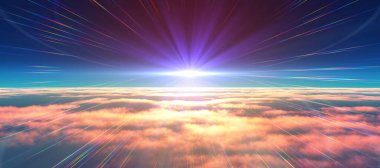 Bulutların üzerinde günbatımı güneş ışığı illüstrasyonu, 3 boyutlu görüntüleme