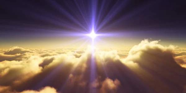 Bulutların üzerinde gün doğumu güneş ışığı çizimi, 3 boyutlu görüntüleme