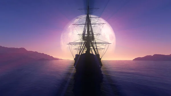 Viejo Barco Mar Luna Llena Ilustración Renderizado — Foto de Stock