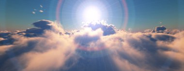 Bulutların üzerinde günbatımı güneş ışığı illüstrasyonu, 3 boyutlu görüntüleme