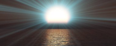 Gün batımı deniz ışığı gökyüzü berrak, üç boyutlu resimleme