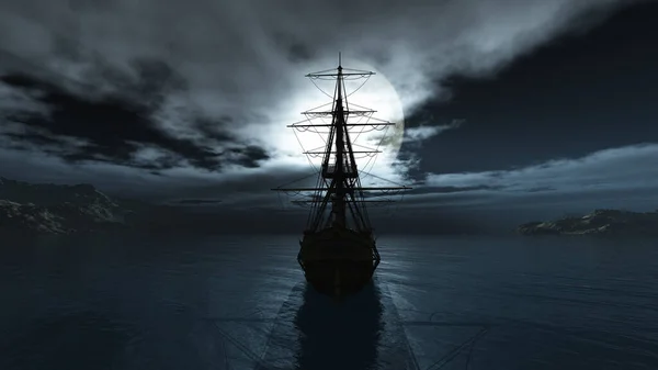 老船在夜间满月3D渲染图解 — 图库照片